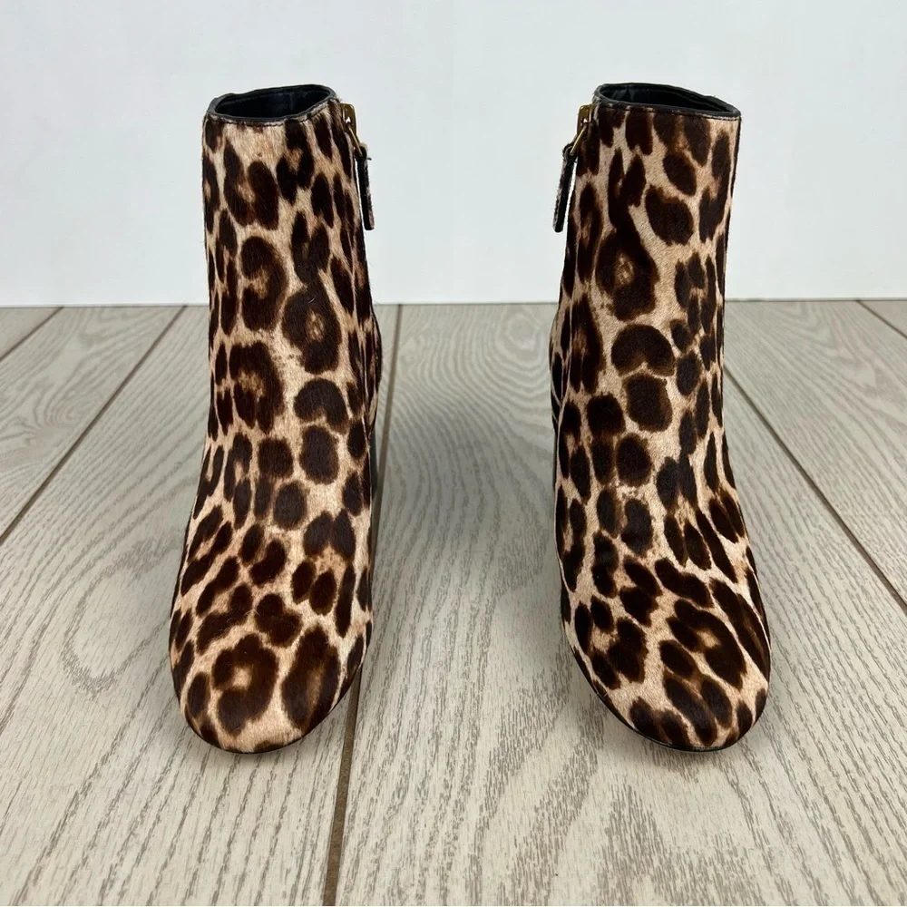 Tory Burch Brooke Leopard Calf Hair Ankle Heeled Booties 6 Brown/Tan/Black $398